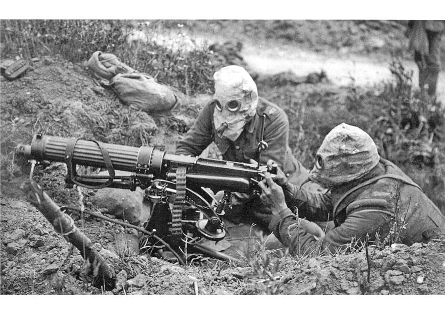 Foto soldaten mit maschinengewehr und gasmaske